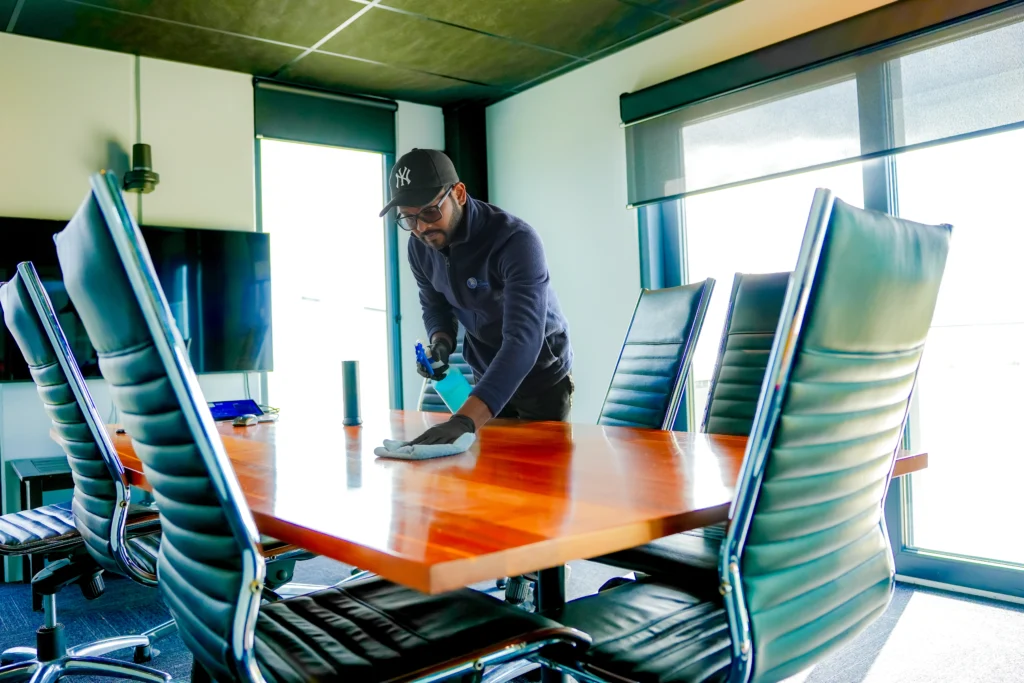 A commercial cleaner from Hobart Cleaning Company sanitizing a boardroom table, providing detailed corporate office cleaning services in Hobart.