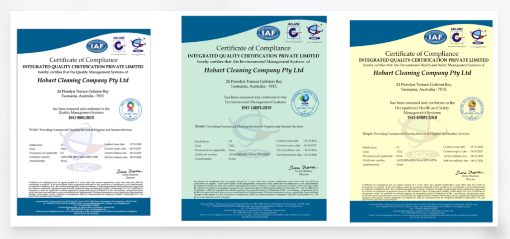 Hobart Cleaning Company ISO quality environmental and occupational health and safety certificates